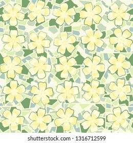Seamless pattern. The foreground consists of fictional flowers. The background consists of round gear figures. Editable.