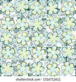 Seamless pattern. The foreground consists of fictional flowers. The background consists of round gear figures. Editable.