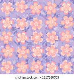 Seamless pattern. The foreground consists of fictional flowers. The background consists of round gear figures. Editable.