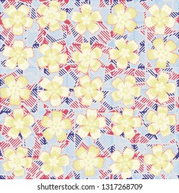 Seamless pattern. The foreground consists of fictional flowers. The background consists of round gear figures. Editable.