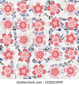 Seamless pattern. The foreground consists of fictional flowers. The background consists of round gear figures. Editable.
