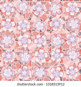 Seamless pattern. The foreground consists of fictional flowers. The background consists of round gear figures. Editable.