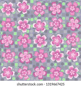 Seamless pattern. The foreground consists of fictional flowers.
The background consists of blocks containing squares, circles and transitional figures. Editable. 