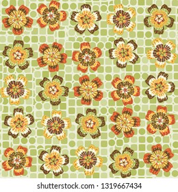 Seamless pattern. The foreground consists of fictional flowers.
The background consists of blocks containing squares, circles and transitional figures. Editable. 