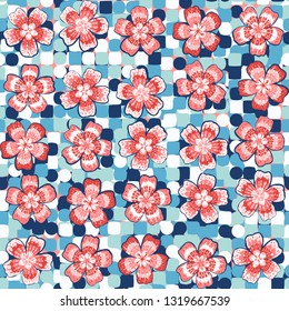 Seamless pattern. The foreground consists of fictional flowers.
The background consists of blocks containing squares, circles and transitional figures. Editable. 