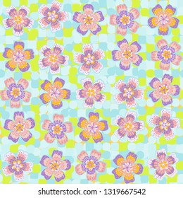Seamless pattern. The foreground consists of fictional flowers.
The background consists of blocks containing squares, circles and transitional figures. Editable. 