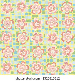 Seamless pattern. The foreground consists of fictional flowers.
The background consists of blocks containing squares, circles and transitional figures. Editable. 