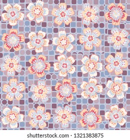 Seamless pattern. The foreground consists of fictional flowers.
The background consists of blocks containing squares, circles and transitional figures. Editable. 