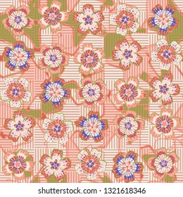 Seamless pattern. The foreground consists of fictional flowers.
The background consists of squares cut by a five-pointed star. Editable.