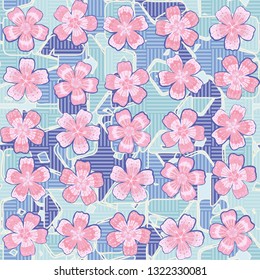Seamless pattern. The foreground consists of fictional flowers.
The background consists of squares cut by a five-pointed star. Editable.