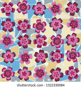 Seamless pattern. The foreground consists of fictional flowers.
The background consists of squares cut by a five-pointed star. Editable.