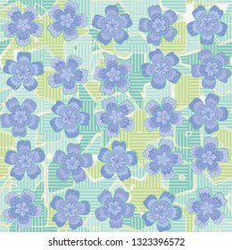 Seamless pattern. The foreground consists of fictional flowers.
The background consists of squares cut by a five-pointed star. Editable.