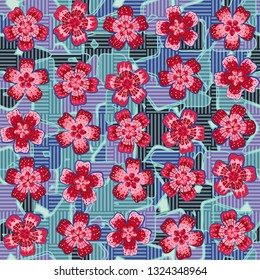 Seamless pattern. The foreground consists of fictional flowers.
The background consists of squares cut by a five-pointed star. Editable.