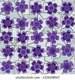 Seamless pattern. The foreground consists of fictional flowers.
The background consists of squares cut by a five-pointed star. Editable.