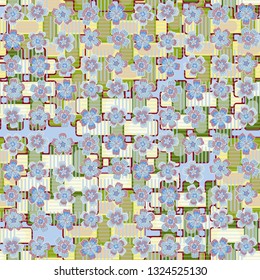 Seamless pattern. The foreground consists of fictional flowers.
Checkered striped background. Edited.