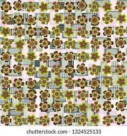 Seamless pattern. The foreground consists of fictional flowers.
Checkered striped background. Edited.