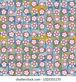 Seamless pattern. The foreground consists of fictional flowers.
Checkered striped background. Edited.