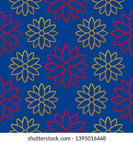 Seamless pattern. The foreground consists of fictional flowers.The background consists of squares cut by a five-pointed star. Editable.