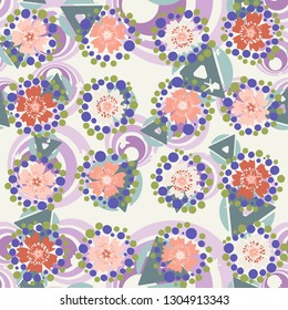 Seamless pattern. The foreground consists of stylized carnations. 
The background consists of various abstract elements. Editable.
