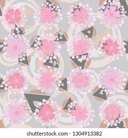Seamless pattern. The foreground consists of stylized carnations. 
The background consists of various abstract elements. Editable.
