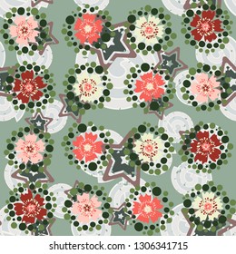 Seamless pattern. The foreground consists of stylized carnations.
The background consists of chaos of five-pointed stars and spirals. Editable.