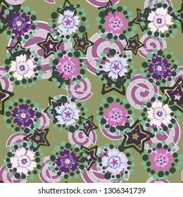 Seamless pattern. The foreground consists of stylized carnations.
The background consists of chaos of five-pointed stars and spirals. Editable.