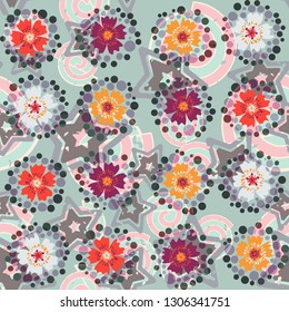 Seamless pattern. The foreground consists of stylized carnations.
The background consists of chaos of five-pointed stars and spirals. Editable.