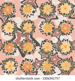 Seamless pattern. The foreground consists of stylized carnations.
The background consists of chaos of five-pointed stars and spirals. Editable.