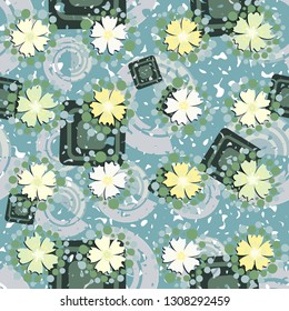 Seamless pattern. The foreground consists of stylized carnations.
The background consists of chaos of concentric squares and spirals. Editable.