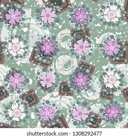 Seamless pattern. The foreground consists of stylized carnations.
The background consists of chaos of concentric squares and spirals. Editable.