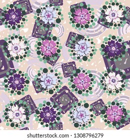 Seamless pattern. The foreground consists of stylized carnations.
The background consists of chaos of concentric squares and spirals. Editable.
