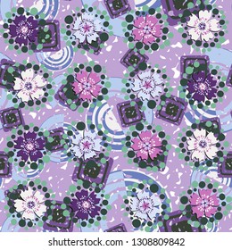 Seamless pattern. The foreground consists of stylized carnations.
The background consists of chaos of concentric squares and spirals. Editable.