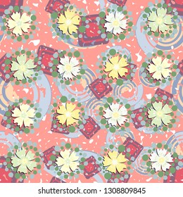 Seamless pattern. The foreground consists of stylized carnations.
The background consists of chaos of concentric squares and spirals. Editable.