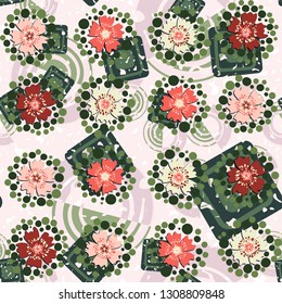 Seamless pattern. The foreground consists of stylized carnations.
The background consists of chaos of concentric squares and spirals. Editable.