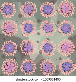Seamless pattern. The foreground consists of stylized carnations.
The background consists of large translucent spots.