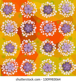 Seamless pattern. The foreground consists of stylized carnations.
The background consists of large translucent spots.