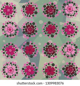 Seamless pattern. The foreground consists of stylized carnations.
The background consists of large translucent spots.