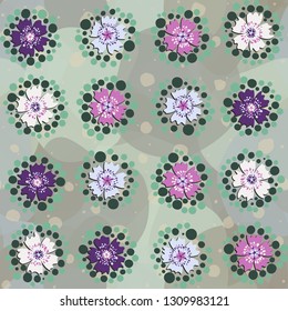 Seamless pattern. The foreground consists of stylized carnations.
The background consists of large translucent spots.