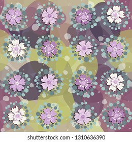 Seamless pattern. The foreground consists of stylized carnations.
The background consists of large translucent spots.