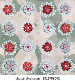 Seamless pattern. The foreground consists of stylized carnations.
The background consists of large translucent spots.