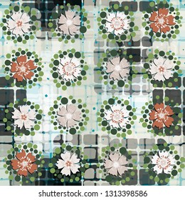 Seamless pattern. The foreground consists of stylized carnations.
The background consists of checkered fragments. Editable.