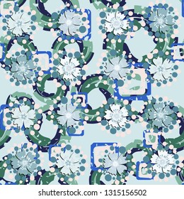 Seamless pattern. The foreground consists of stylized carnations.
The background consists of concentric rounded squares and spiral vortices. Easy to edit.