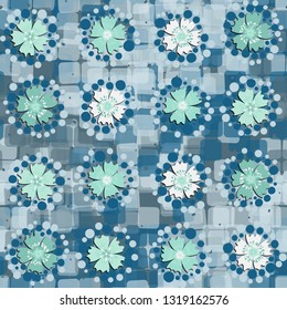 Seamless pattern. The foreground consists of stylized carnations.
The background consists of translucent rounded squares. Editable.