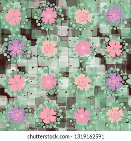 Seamless pattern. The foreground consists of stylized carnations.
The background consists of translucent rounded squares. Editable.