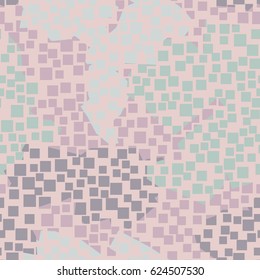 Seamless pattern. In the foreground is a grid of square holes located in the mess. In the background is shapeless spots arranged in a random order. Fashionable camouflage. Pink, blue-green, gray.