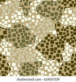 Seamless pattern. In the foreground is a grid of square holes located in the mess. In the background is shapeless spots arranged in a random order. Fashionable camouflage. Khaki, beige, green, gray.