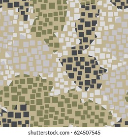 Seamless pattern. In the foreground is a grid of square holes located in the mess. In the background is shapeless spots arranged in a random order. Fashionable camouflage. Khaki, gray.