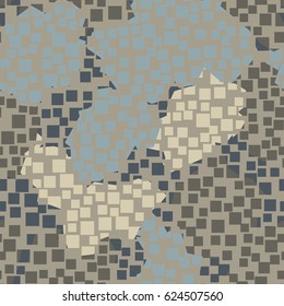 Seamless pattern. In the foreground is a grid of square holes located in the mess. In the background is shapeless spots arranged in a random order. Fashionable camouflage. Grey, blue, beige.