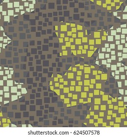 Seamless pattern. In the foreground is a grid of square holes located in the mess. In the background is shapeless spots arranged in a random order. Fashionable camouflage. Brown, green,  gray.