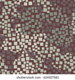 Seamless pattern. In the foreground is a grid of square holes located in the mess. In the background is shapeless spots arranged in a random order. Fashionable camouflage. Brown, green, beige.